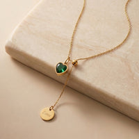 Sophisticated Emerald Green Heart Lariat Necklace with Gold Coin Drop