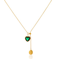 Sophisticated Emerald Green Heart Lariat Necklace with Gold Coin Drop