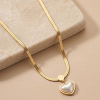 Elegant Pearl Heart Pendant on Thick Flat Herringbone Snake Chain