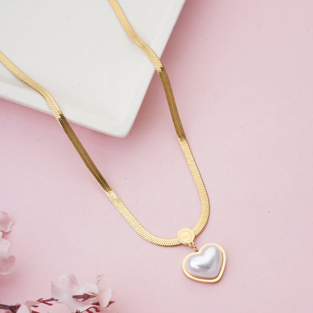 Elegant Pearl Heart Pendant on Thick Flat Herringbone Snake Chain