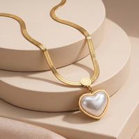 Elegant Pearl Heart Pendant on Thick Flat Herringbone Snake Chain