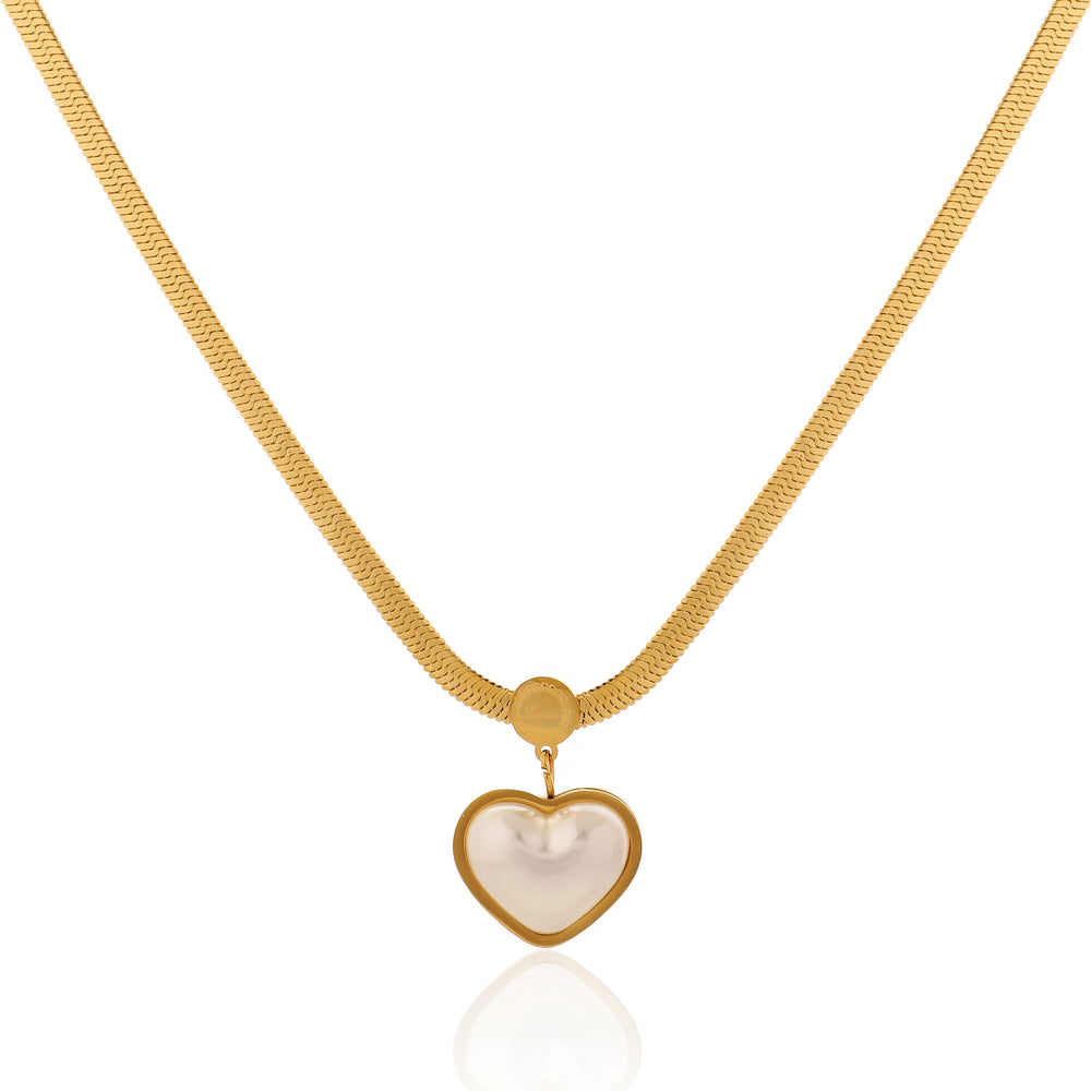 Elegant Pearl Heart Pendant on Thick Flat Herringbone Snake Chain