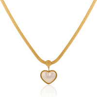 Elegant Pearl Heart Pendant on Thick Flat Herringbone Snake Chain