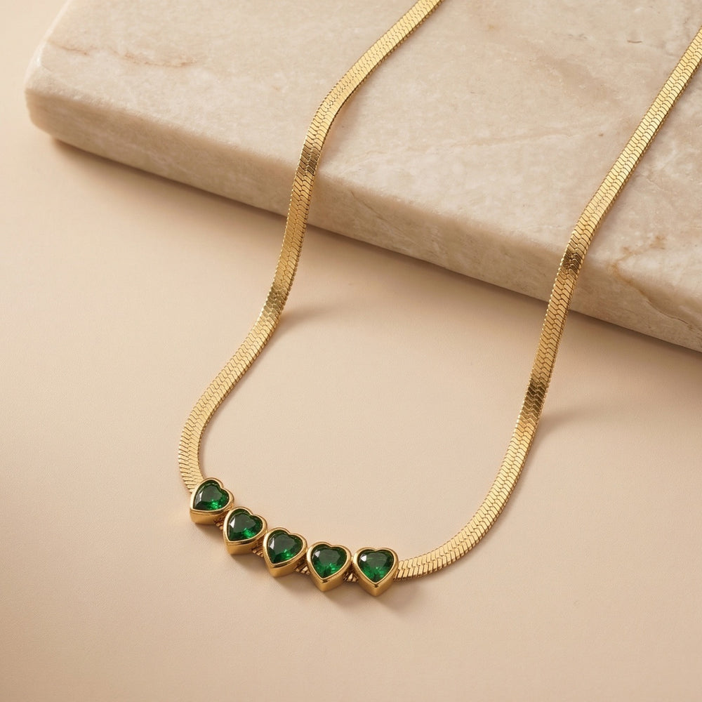 Luxury Multi-Heart Emerald Gemstone Choker on flat Herringbone Snake Chain
