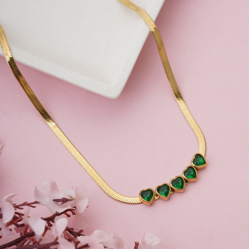 Luxury Multi-Heart Emerald Gemstone Choker on flat Herringbone Snake Chain