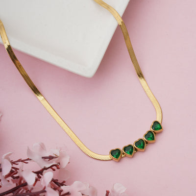 Luxury Multi-Heart Emerald Gemstone Choker on flat Herringbone Snake Chain - Second Image