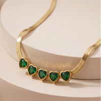 Luxury Multi-Heart Emerald Gemstone Choker on flat Herringbone Snake Chain