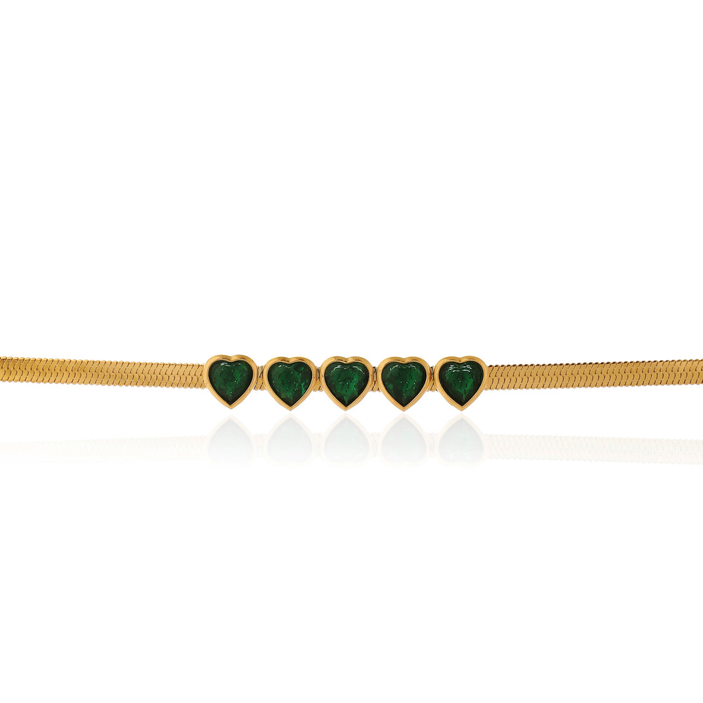 Luxury Multi-Heart Emerald Gemstone Choker on flat Herringbone Snake Chain