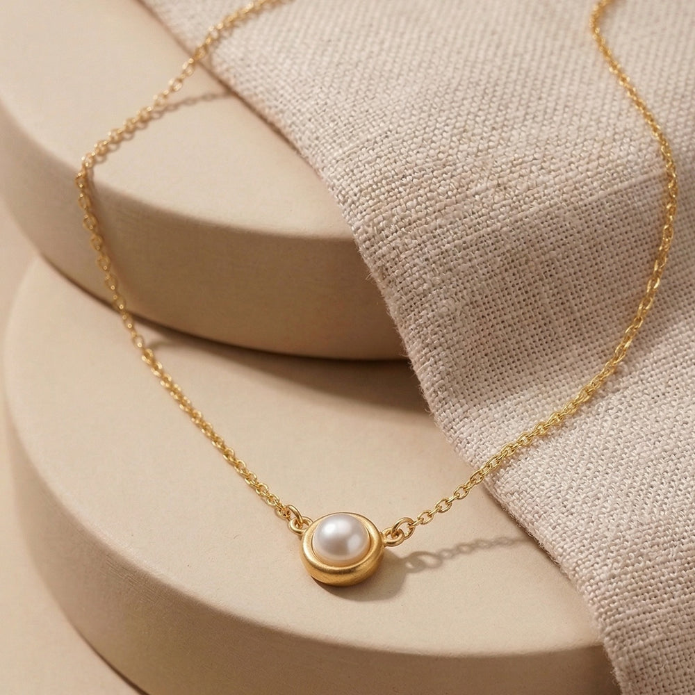 Minimalist Organic Bezel Set Pearl Pendant Necklace