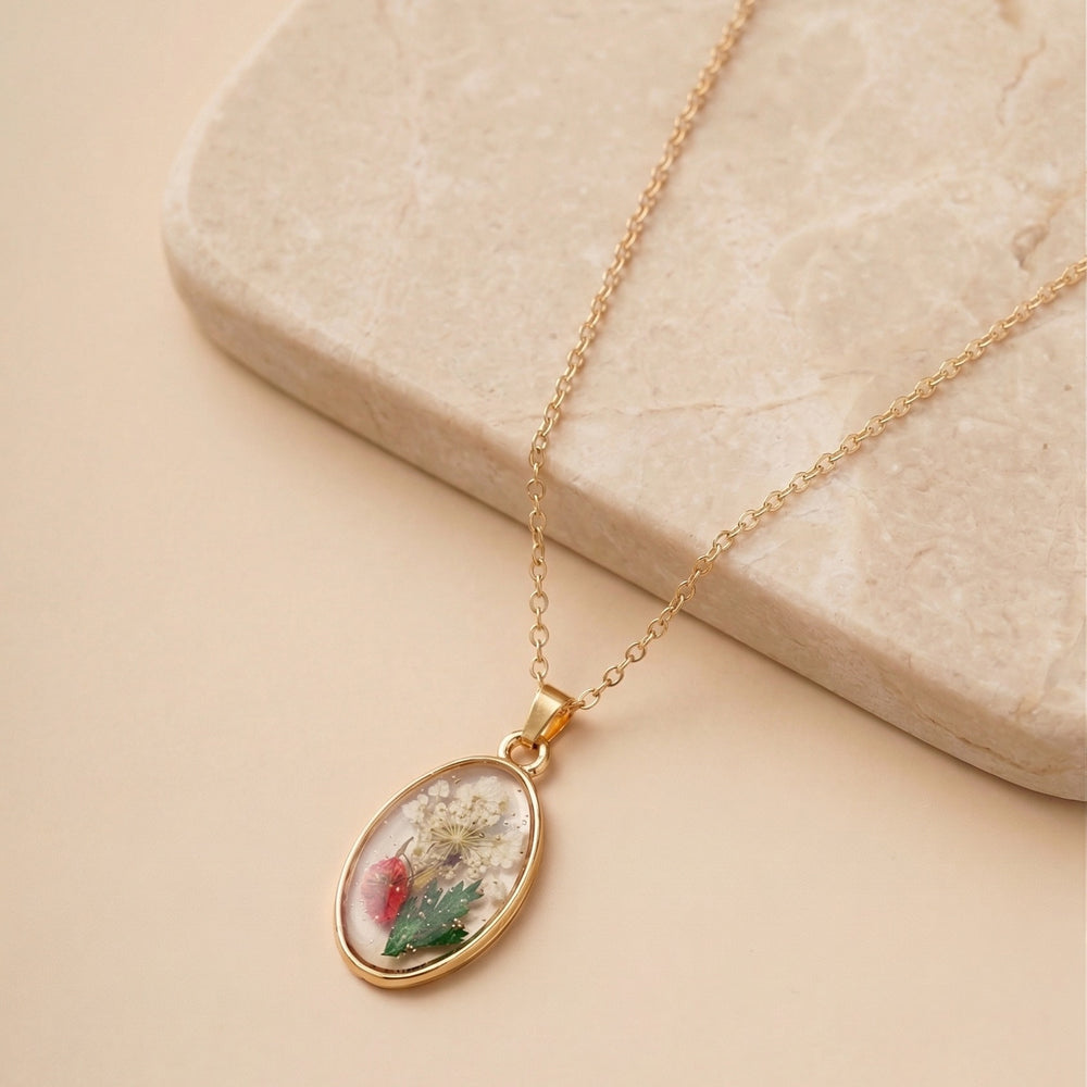 Unique Handmade Dried Flower Resin Pendant in Gold Frame