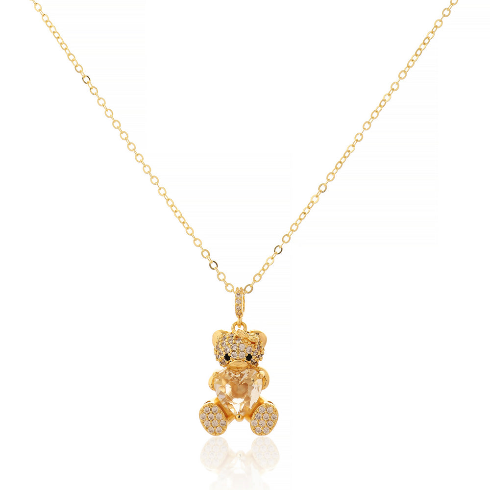 Crystal Studded Teddy Bear Pendant with a Heart Gemstone