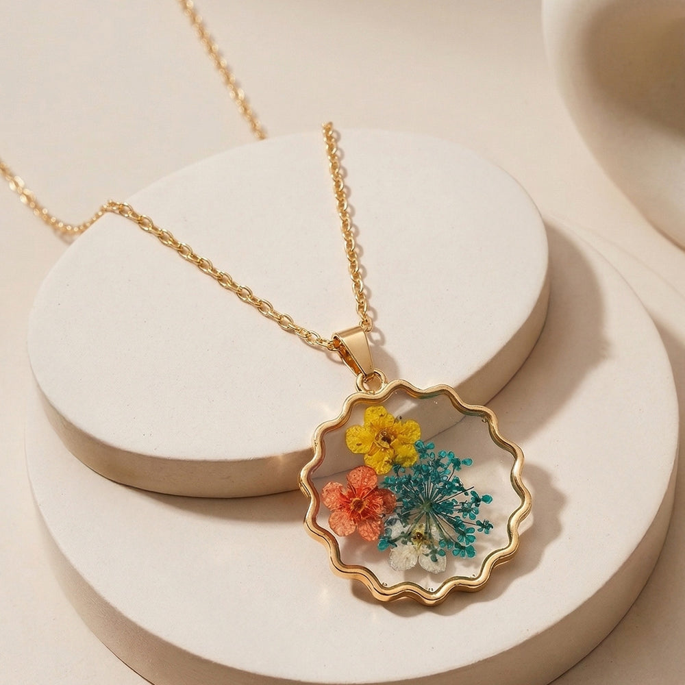 Vibrant Real Pressed Wildflower Resin Necklace in a Gold Frame
