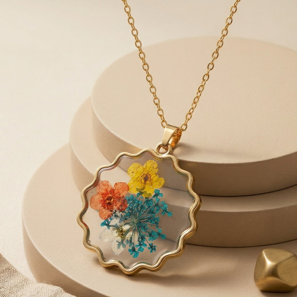 Vibrant Real Pressed Wildflower Resin Necklace in a Gold Frame