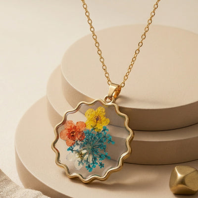 Vibrant Real Pressed Wildflower Resin Necklace in a Gold Frame - Second Image