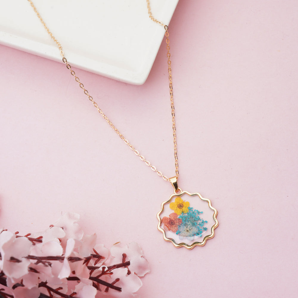 Vibrant Real Pressed Wildflower Resin Necklace in a Gold Frame