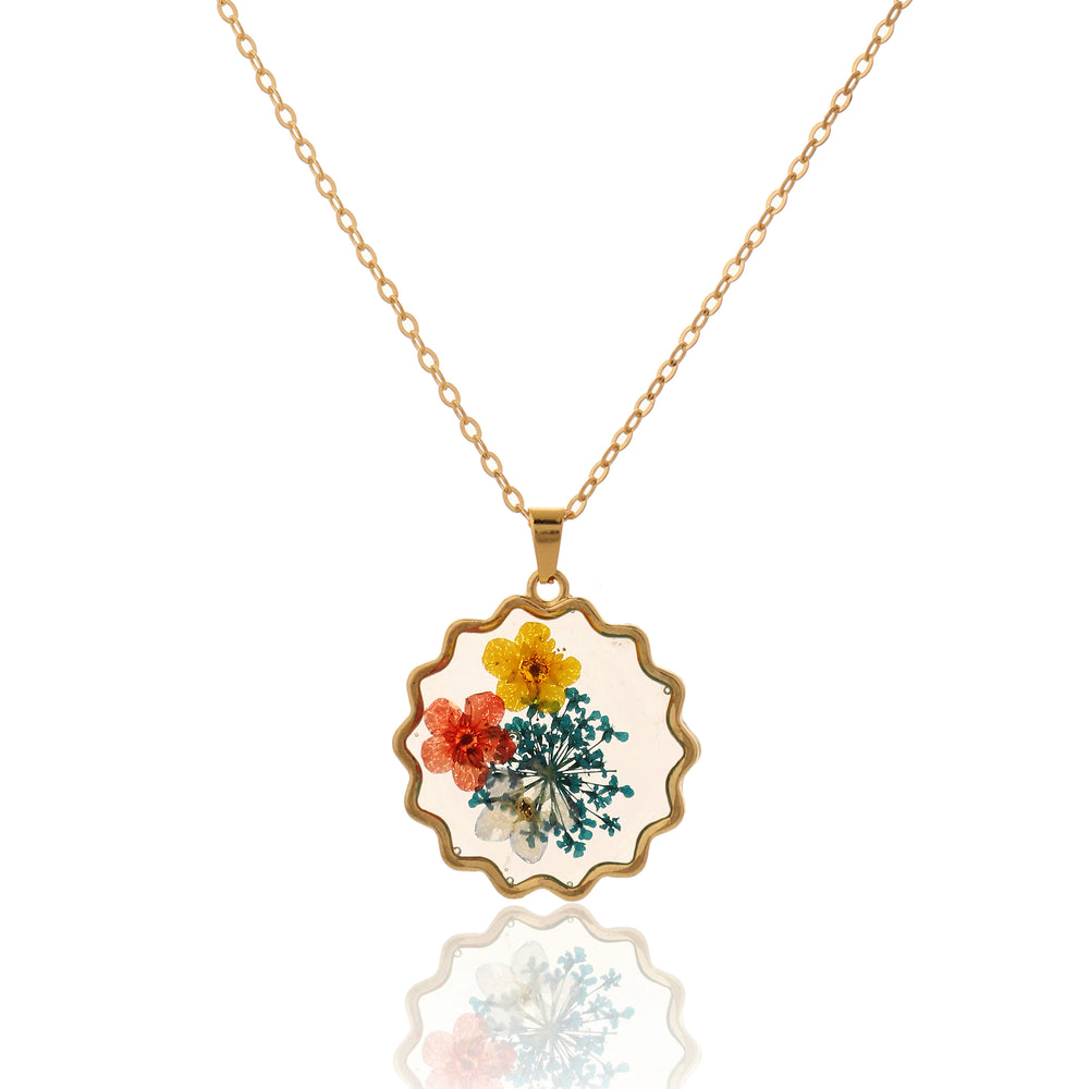Vibrant Real Pressed Wildflower Resin Necklace in a Gold Frame