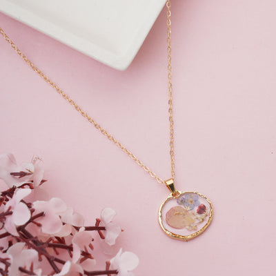Organic Hammered Resin Pendant Necklace with Real Pressed Rose and Daisy - Second Image