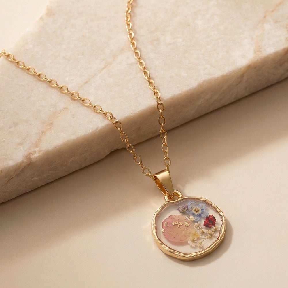 Organic Hammered Resin Pendant Necklace with Real Pressed Rose and Daisy