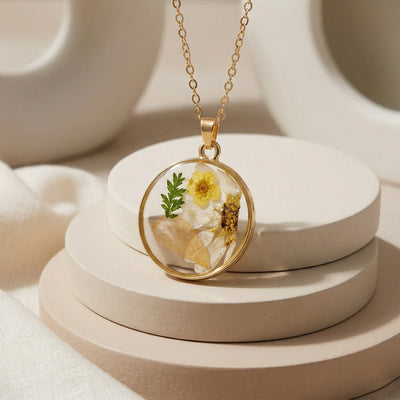 Minimalist Circular Resin Necklace with Real Pressed Yellow Buttercup