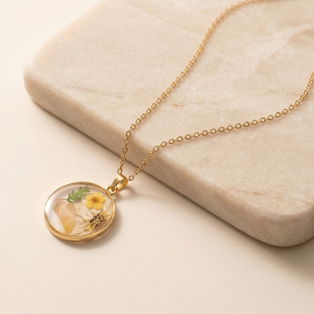 Minimalist Circular Resin Necklace with Real Pressed Yellow Buttercup