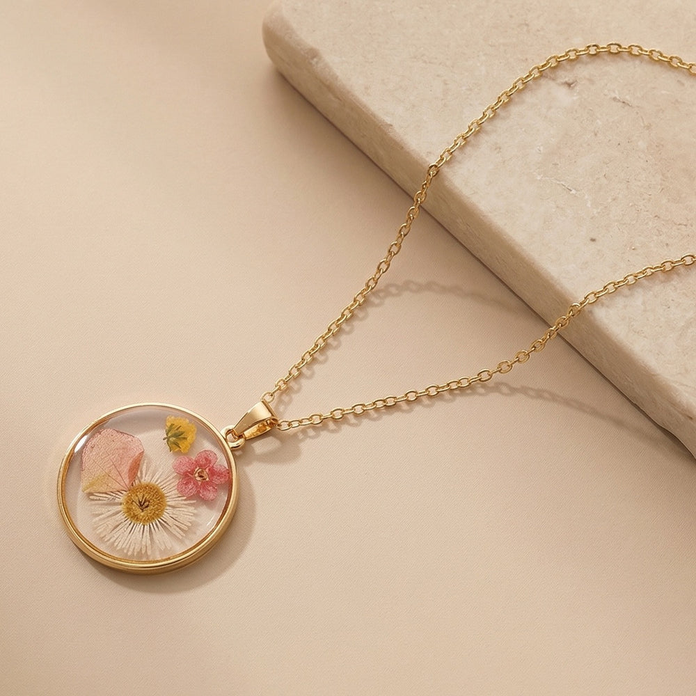 Classic Round Pressed Flower Resin Pendant Necklace