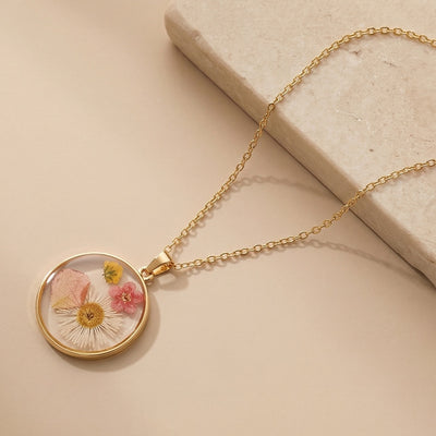 Classic Round Pressed Flower Resin Pendant Necklace