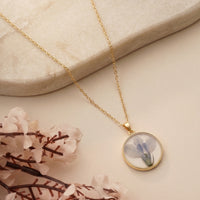 Dainty Circular Resin Necklace with Real Pressed Lavender-Tone Petals