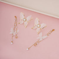 Luxury Gold Plated Multi-Layer Butterfly Dangle Earrings with Silk Wings, Seed Pearls