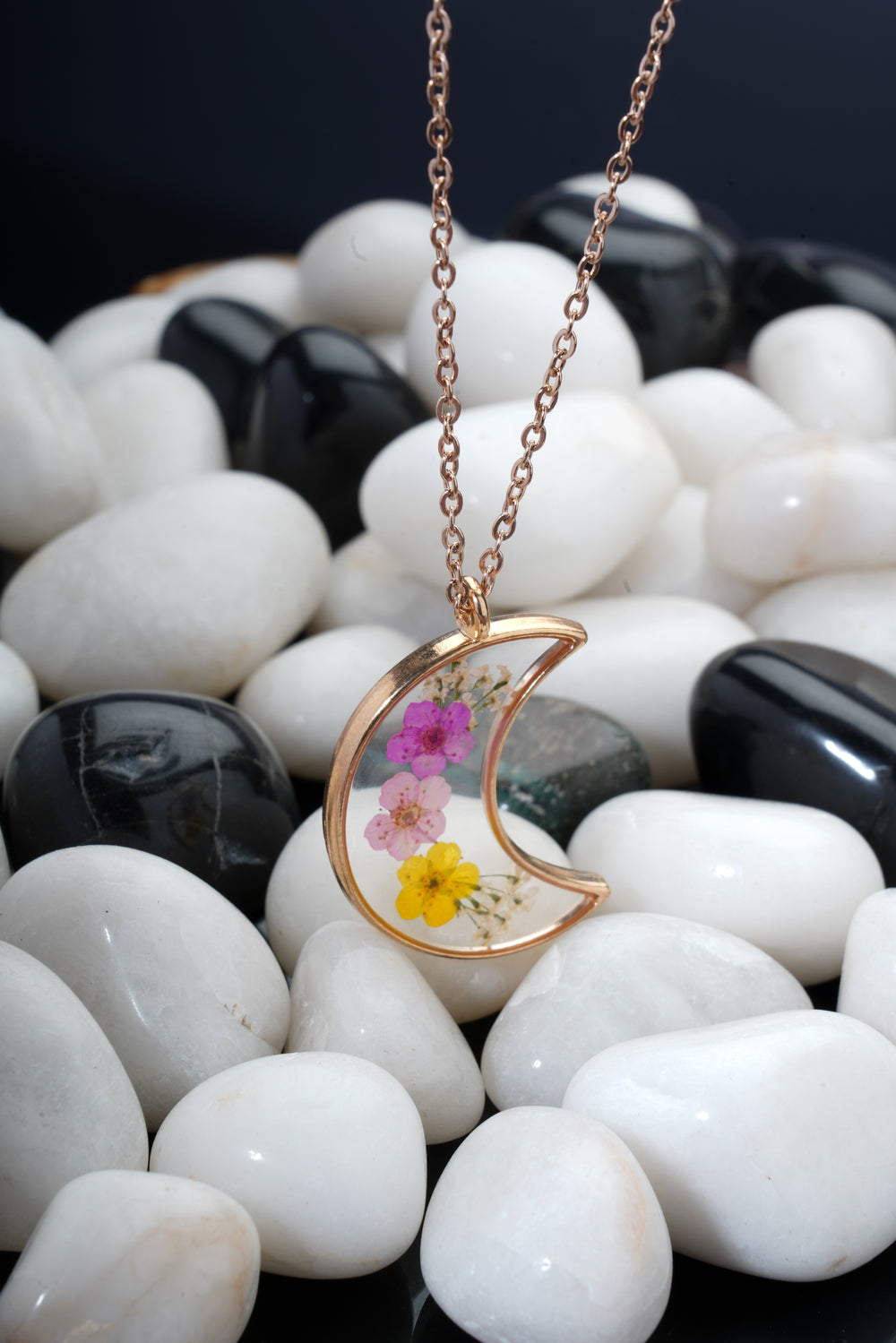 Dried Cherry Blossom Moon Real Flower Resin Pendant chain for girls