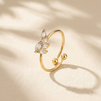 Unique Gold Plated Marquise Zircon Leaf Bypass Ring, Adjustable Branch Cuff Ring
