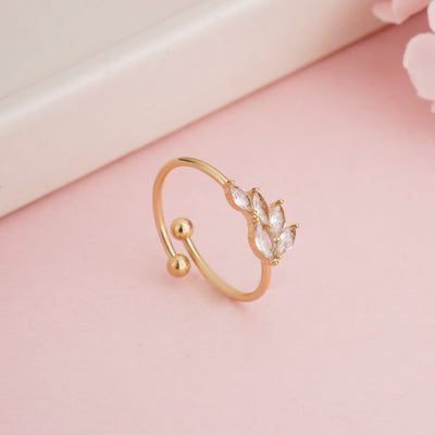 Unique Gold Plated Marquise Zircon Leaf Bypass Ring, Adjustable Branch Cuff Ring - Second Image