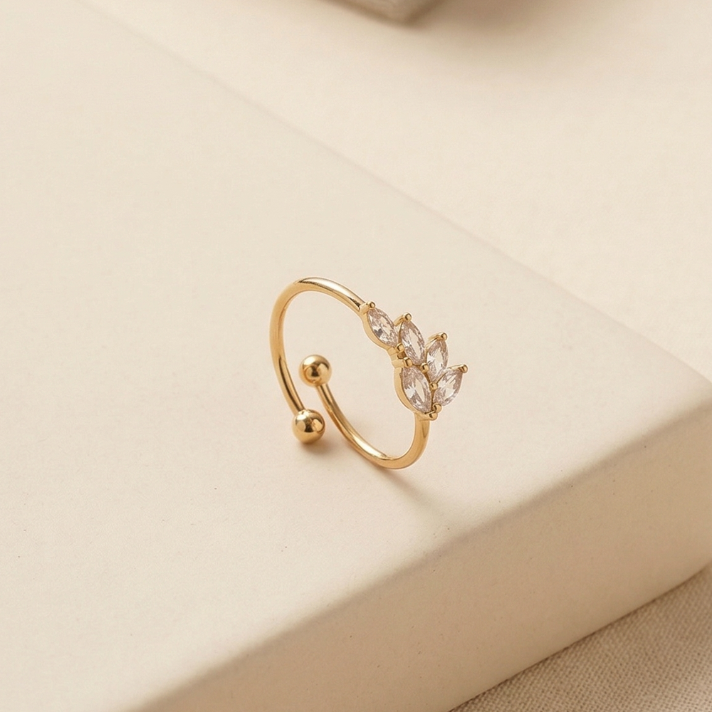 Unique Gold Plated Marquise Zircon Leaf Bypass Ring, Adjustable Branch Cuff Ring