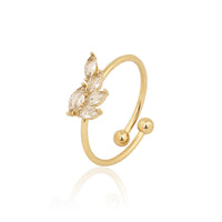 Unique Gold Plated Marquise Zircon Leaf Bypass Ring, Adjustable Branch Cuff Ring