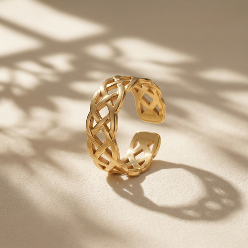 Gold Plated Celtic Knot Open Band Ring, Stainless Steel Woven Mesh Filigree Ring