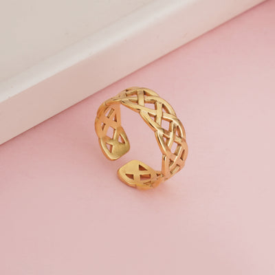 Gold Plated Celtic Knot Open Band Ring, Stainless Steel Woven Mesh Filigree Ring - Second Image