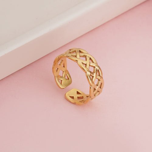 Gold Plated Celtic Knot Open Band Ring, Stainless Steel Woven Mesh Filigree Ring