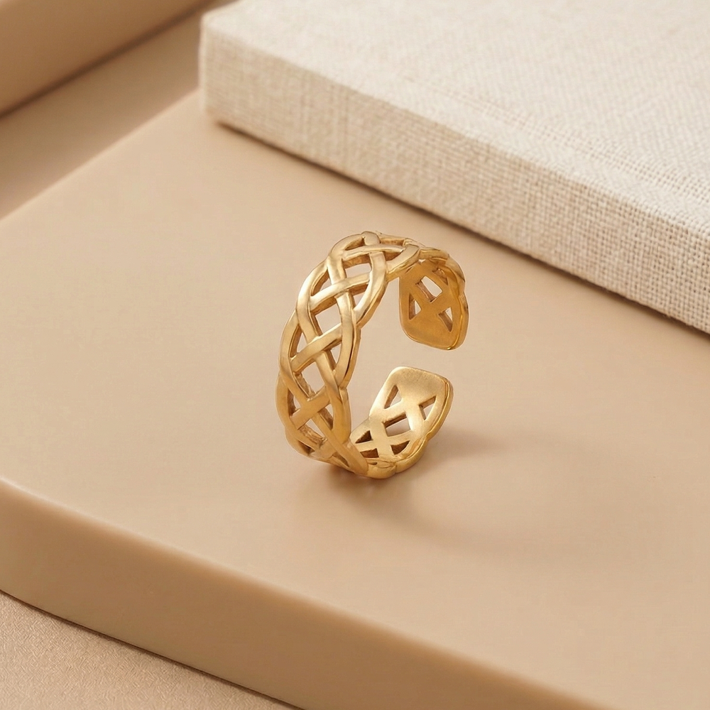 Gold Plated Celtic Knot Open Band Ring, Stainless Steel Woven Mesh Filigree Ring