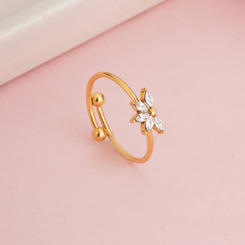 Gold Plated Cubic Zircon Flower Cluster Adjustable Ring, Dainty Petal Bypass Band