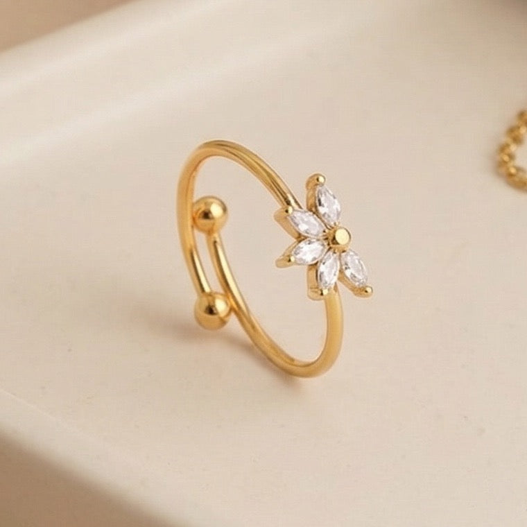 Gold Plated Cubic Zircon Flower Cluster Adjustable Ring, Dainty Petal Bypass Band