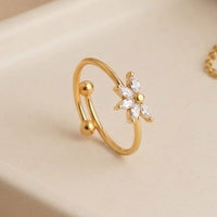 Gold Plated Cubic Zircon Flower Cluster Adjustable Ring, Dainty Petal Bypass Band