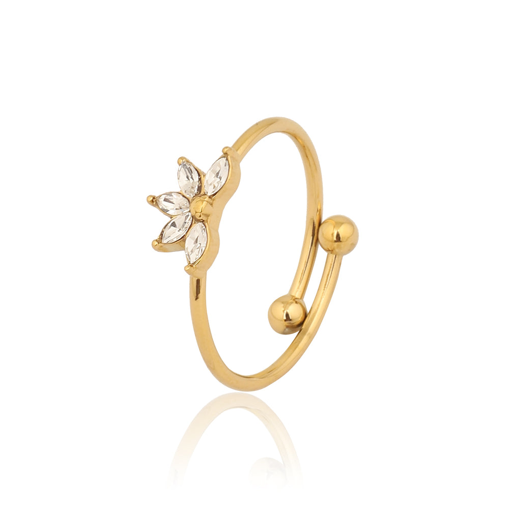 Gold Plated Cubic Zircon Flower Cluster Adjustable Ring, Dainty Petal Bypass Band