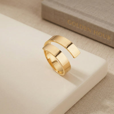 Gold Plated Minimalist Spiral Coil Ring, Wide Flat Band Geometric Wrap Ring