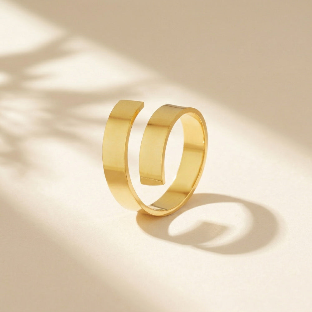 Gold Plated Minimalist Spiral Coil Ring, Wide Flat Band Geometric Wrap Ring