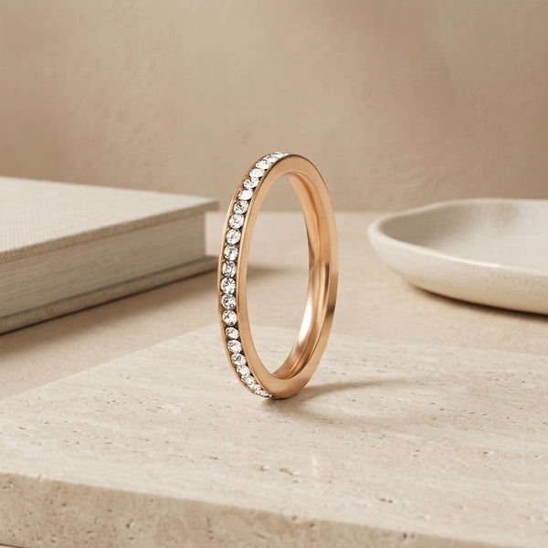Gold Plated Micro-Pave Zircon Eternity Band Ring, Thin Stackable Wedding Ring