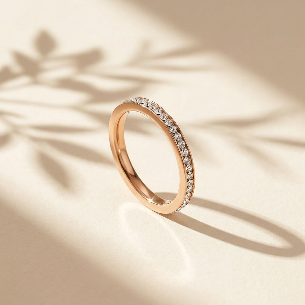 Gold Plated Micro-Pave Zircon Eternity Band Ring, Thin Stackable Wedding Ring