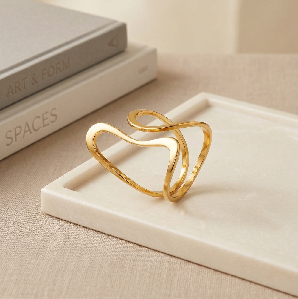 Gold Plated Abstract Wave Geometric Ring, Hollow Double Layer Minimalist Band