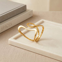 Gold Plated Abstract Wave Geometric Ring, Hollow Double Layer Minimalist Band