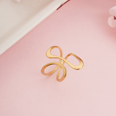 Gold Plated Abstract Wave Geometric Ring, Hollow Double Layer Minimalist Band - Second Image