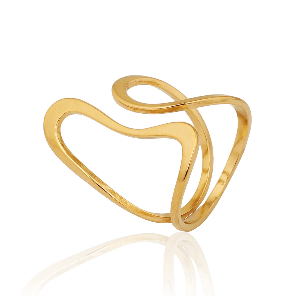 Gold Plated Abstract Wave Geometric Ring, Hollow Double Layer Minimalist Band