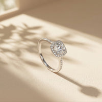 Silver Plated Square Halo Cubic Zirconia Solitaire Ring, Cushion Cut Engagement Ring